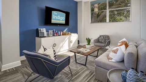 A living room with a grey sofa, a blue armchair, a coffee table, and a television displaying the title of a show.
