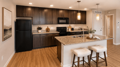 A kitchen with a black refrigerator and wooden cabinets.