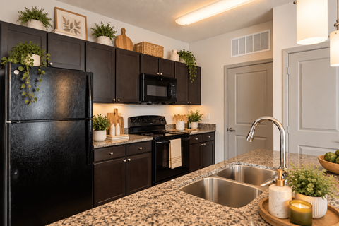 A kitchen with a black refrigerator and black cabinets.