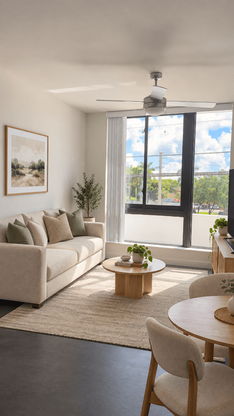 A living room with a couch, a table, and a ceiling fan at Ambar Station Apartments, Florida.