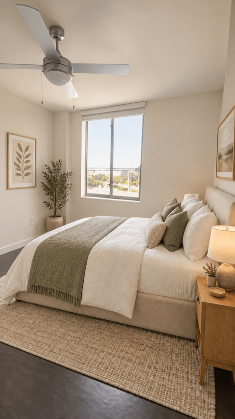 A bedroom with a bed, a ceiling fan at Ambar Station Apartments, Florida