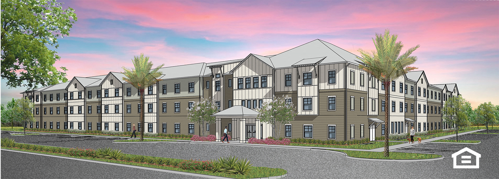 a rendering of a three story building with a street in front of it