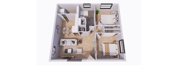 A top down view of a small apartment with a kitchen, living room, and bedroom.