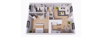 A top-down view of a small apartment with a living room, kitchen, and bathroom.