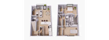 Two floor plan images of a house with a living room, kitchen, and bedrooms.