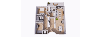 A top-down view of a house layout with a living room, kitchen, and dining area.