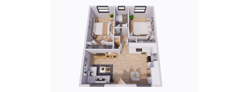 A top-down view of a small, neatly organized apartment with a kitchen, living room, and bedroom.