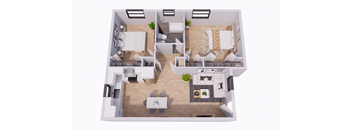 A 3D floor plan of a house with two bedrooms, a living room, a kitchen, and a bathroom.