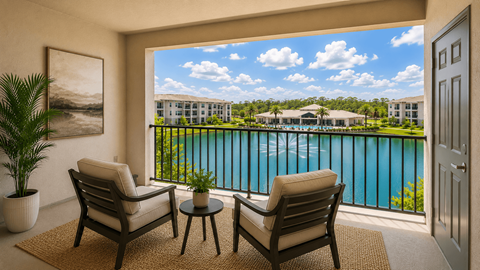 Two chairs and a table are on a patio overlooking a pool.