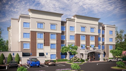 a rendering of a building with cars parked in front of it