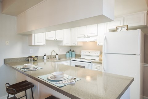 A kitchen with a counter and a refrigerator.