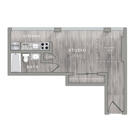 A floor plan of a studio apartment with a kitchen, bathroom, and bed.