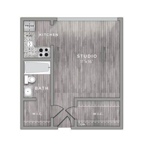 A floor plan of a studio apartment with a kitchen, bathroom, and a studio space of 11'x16'.