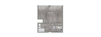 A floor plan of a studio apartment with a bath, kitchen, and studio space.