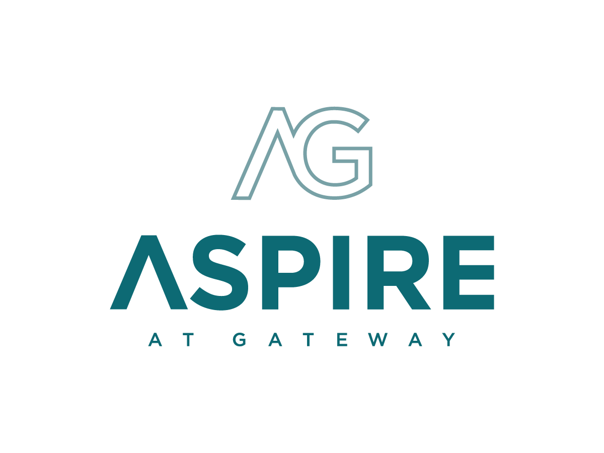 A logo with the text "NG ASPIRE AT GATEWAY" in white and teal colors on a black background.