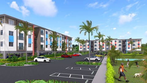 a rendering of a parking lot in front of an apartment building