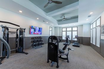 a gym with weights and a tv in the corner of a room
