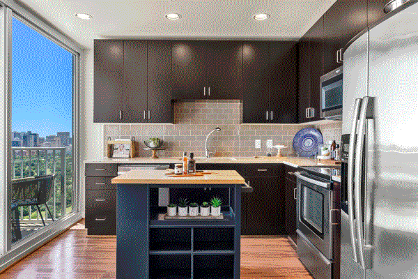A fully equipped kitchen with high-end stainless steel appliances & modern cabinetry in Houston.