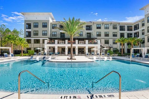 Resort style pool with palm trees and loungers at Longleaf at St. Johns Apartments, St. Johns, Florida