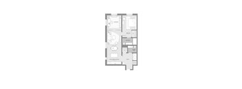 A floor plan of a house with a bedroom, bathroom, living room, dining room, kitchen, and powder room.