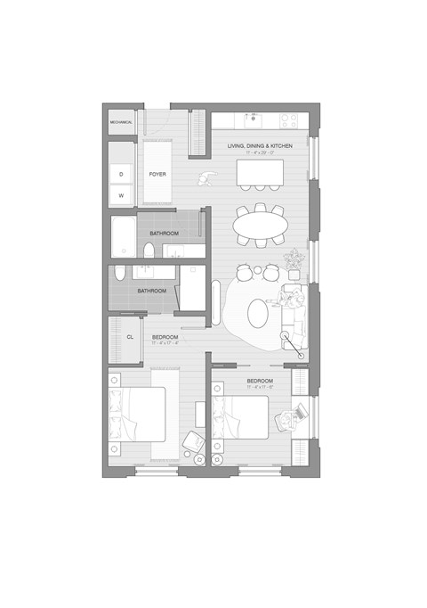 A floor plan of a house with a living room, dining room, kitchen, and bathrooms.
