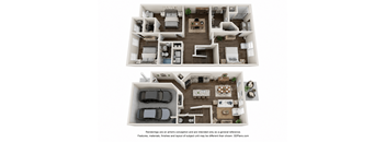 A 3D floor plan of a house with two bedrooms, two bathrooms, a living room, a kitchen, a dining room, and a garage.