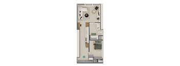 A floor plan of a small apartment with a kitchen, living room, and bedroom.