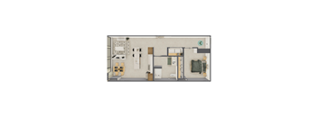 A floor plan of a small apartment with a kitchen, living room, and bathroom.