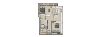 A diagram of a small apartment with a bedroom, living room, and kitchen.