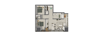 A 3D rendered image of a small apartment layout.