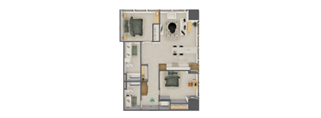 A top-down view of a small apartment layout with a bedroom, living room, and kitchen.
