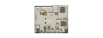 A top down view of a small apartment with a bed, desk, and kitchen area.