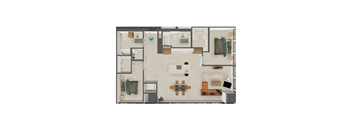 A top-down view of a room with a dining table, couch, and a green bean bag.