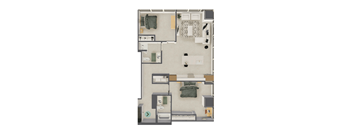 A top down view of a small apartment with a bed, a couch, a table, and a kitchenette.