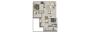 A top-down view of a small apartment layout with a kitchen, living room, and bathroom.