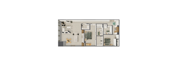 A floor plan of a house with a kitchen, living room, and bathroom.