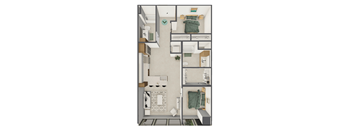 A top-down view of a small apartment with a bedroom, living room, and kitchen.