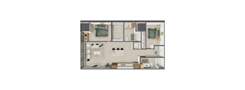 A top-down view of a small, neatly organized apartment with a kitchen, living room, and bedroom.