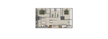 A top-down view of a small apartment with a kitchen, living room, and bedroom.