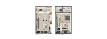 Two images of a small apartment layout, one with a staircase and the other with a mezzanine.