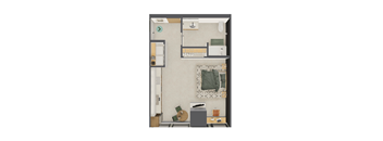 A small room with a bed, a desk, and a chair.