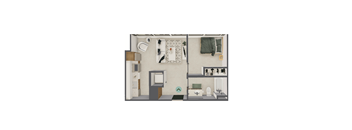 A 3D rendered image of a small apartment layout.