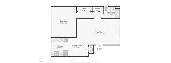 A floor plan of a room with a bedroom, living room, kitchen, dining room, bathroom and two closets.