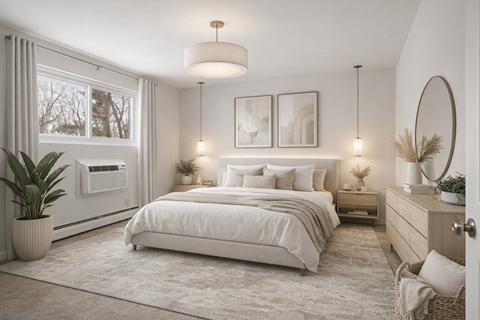 A well-lit, modern bedroom with a large bed, a potted plant, and a mirror on the wall.