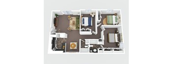 A top-down view of a small apartment with a kitchen, living room, and bedroom.