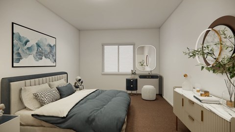 A modern bedroom with a large bed and a painting on the wall.