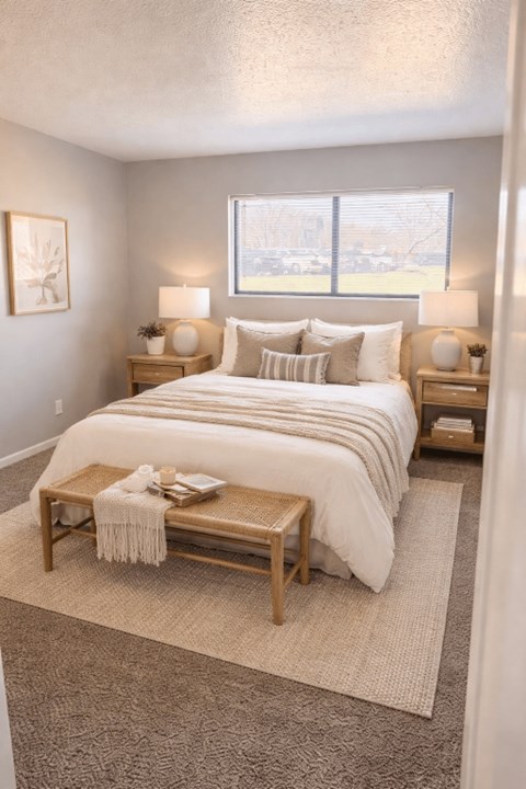 A bedroom with a large bed and a window.