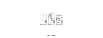 A diagram of a two-story house with three bedrooms and one and a half bathrooms.