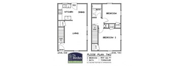 A floor plan for a two level townhouse with two bedrooms and one bathroom.