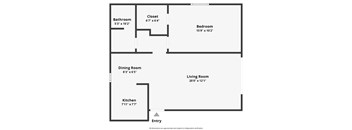 A floor plan of a house with a living room, dining room, kitchen, bedroom, bathroom and closet.